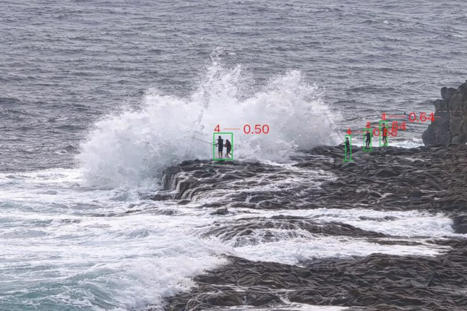 Recorded coastal footage with coloured ResQVision detection overlays around people on a rock platform.