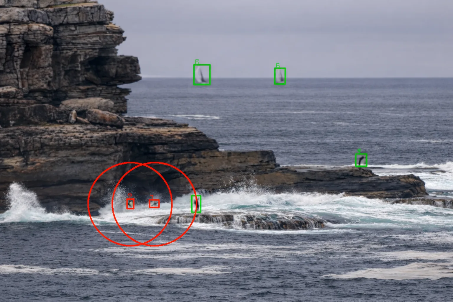 A recorded coastal camera view with detection overlays and a marked area in the water.