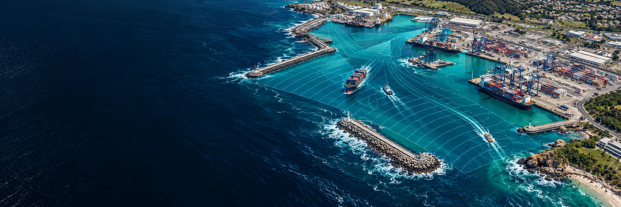 Digital twin illustration of a working harbour with spatial context over the waterways.