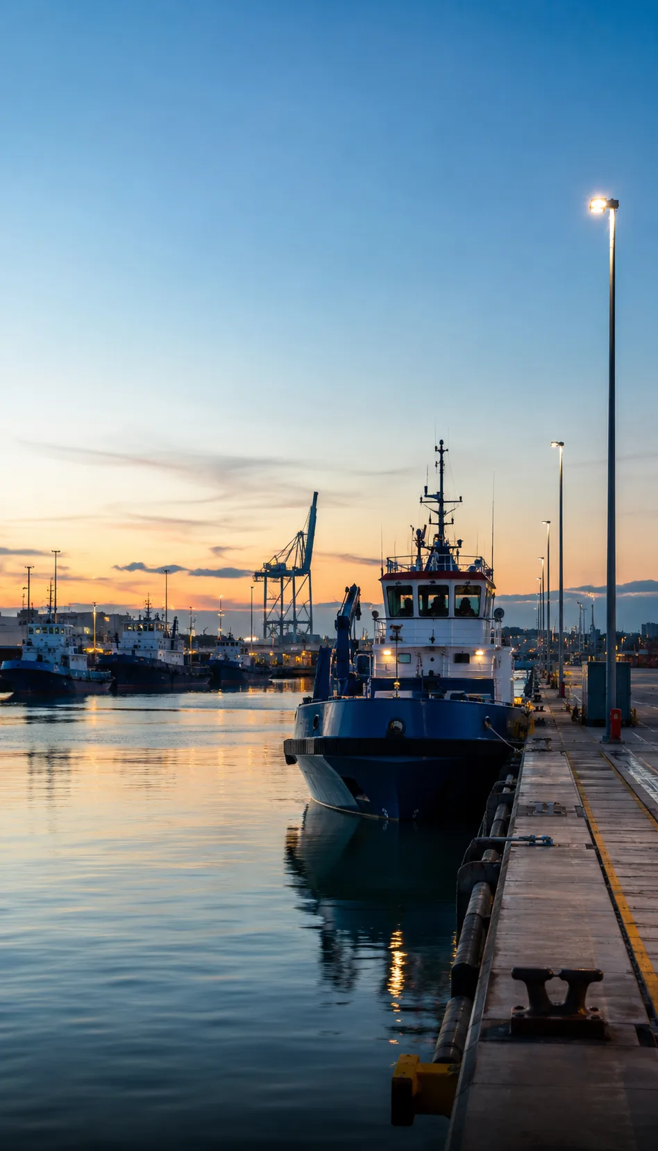Generated illustration of vessels moored at a port wharf at dusk.