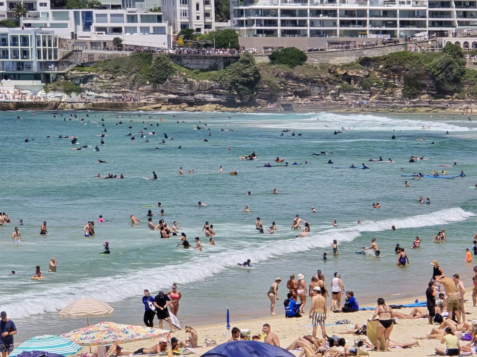Swimmers and surfers at Bondi Beach, with the southern headland and Icebergs buildings across the water. Photograph by Alex Piatek.